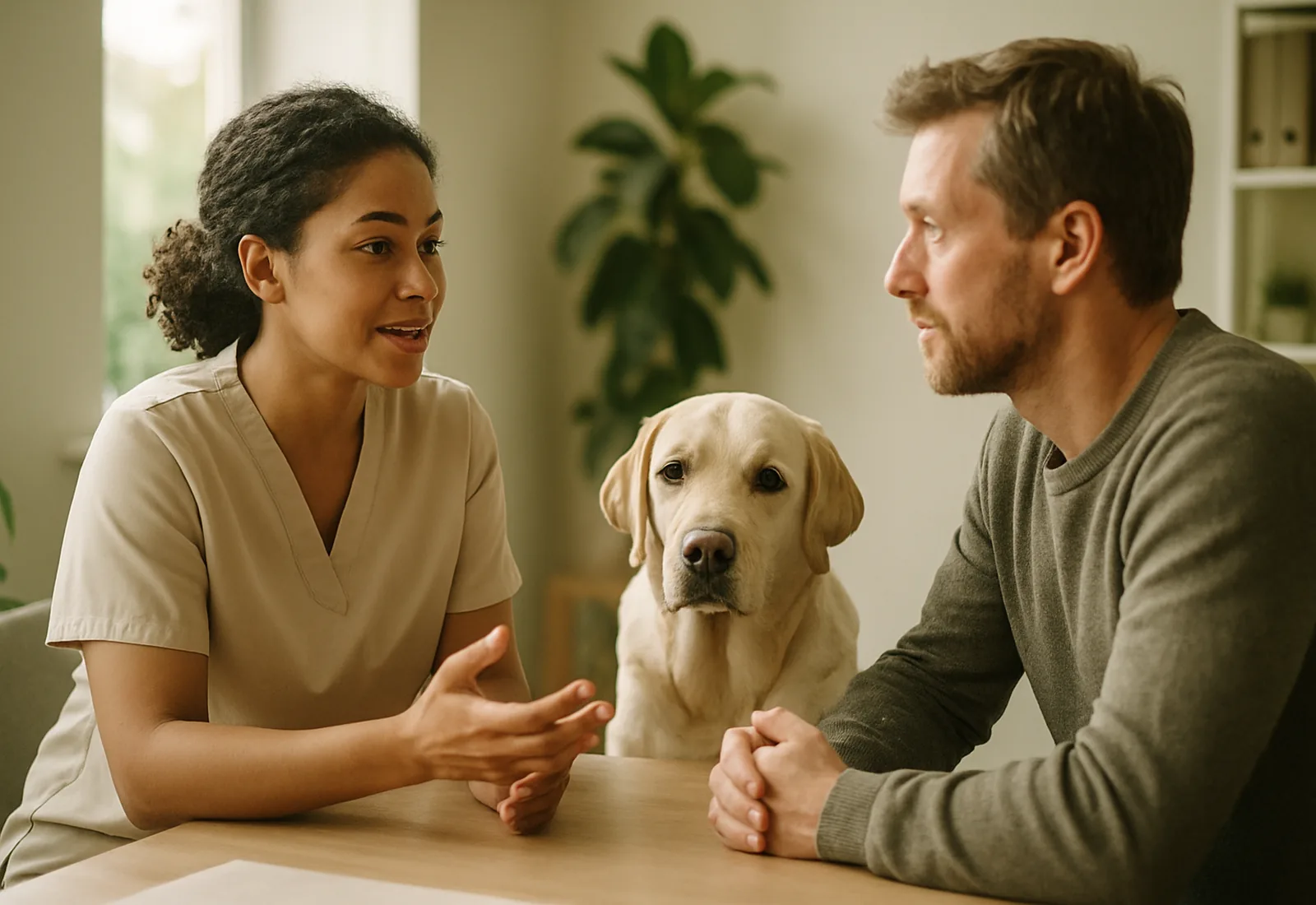 A pet-care professional advising a client, their labrador sitting between them
